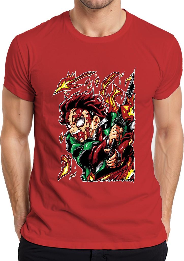 Dämonenjäger Samurai Katana Feuer Anime Geschenk Japan Y2K Streetwear Herren T-Shirt, Rot, L