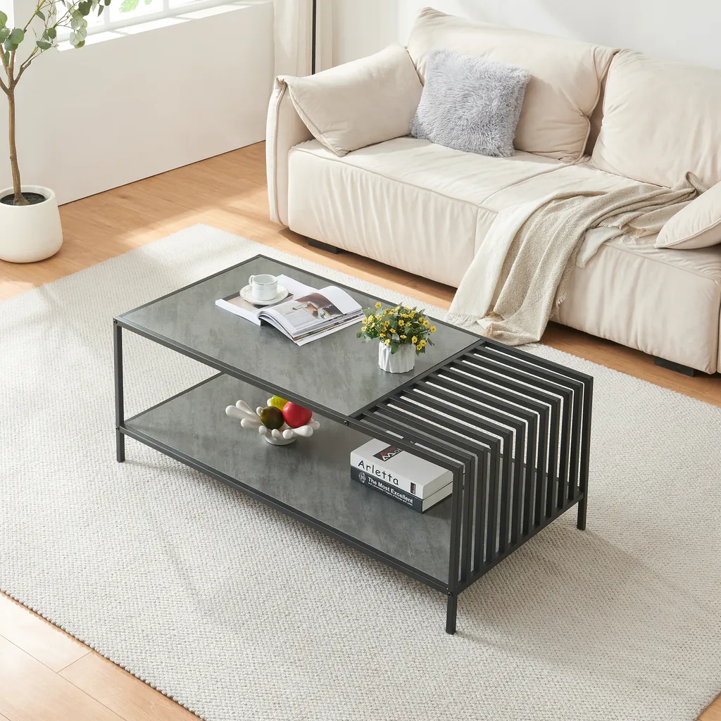 Table basse pour grand salon Pärghos 120 cm style indus noir et gris - 2