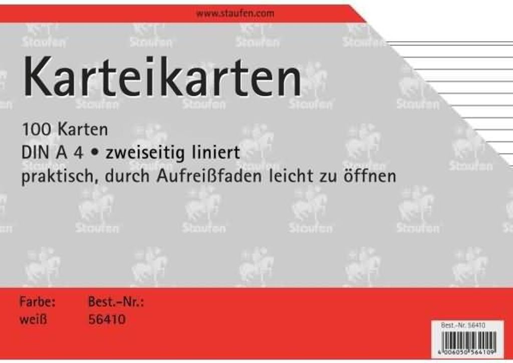Karteikarten A4 180 g/qm liniert weiß VE=100 Stück
