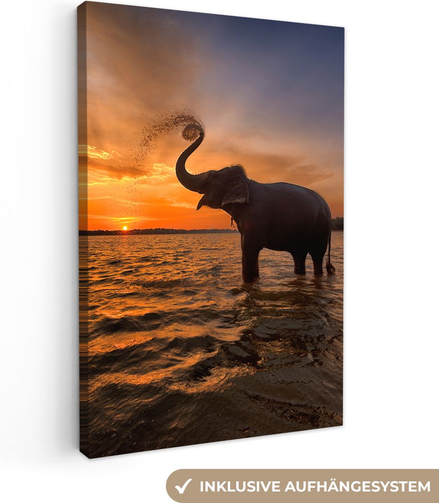 MuchoWow - Leinwandbilder - Elefant - Meer - Tiere - Sonnenuntergang - Orange, Wandbild, Wanddeko Bilder Wohnzimmer, 60x90 cm