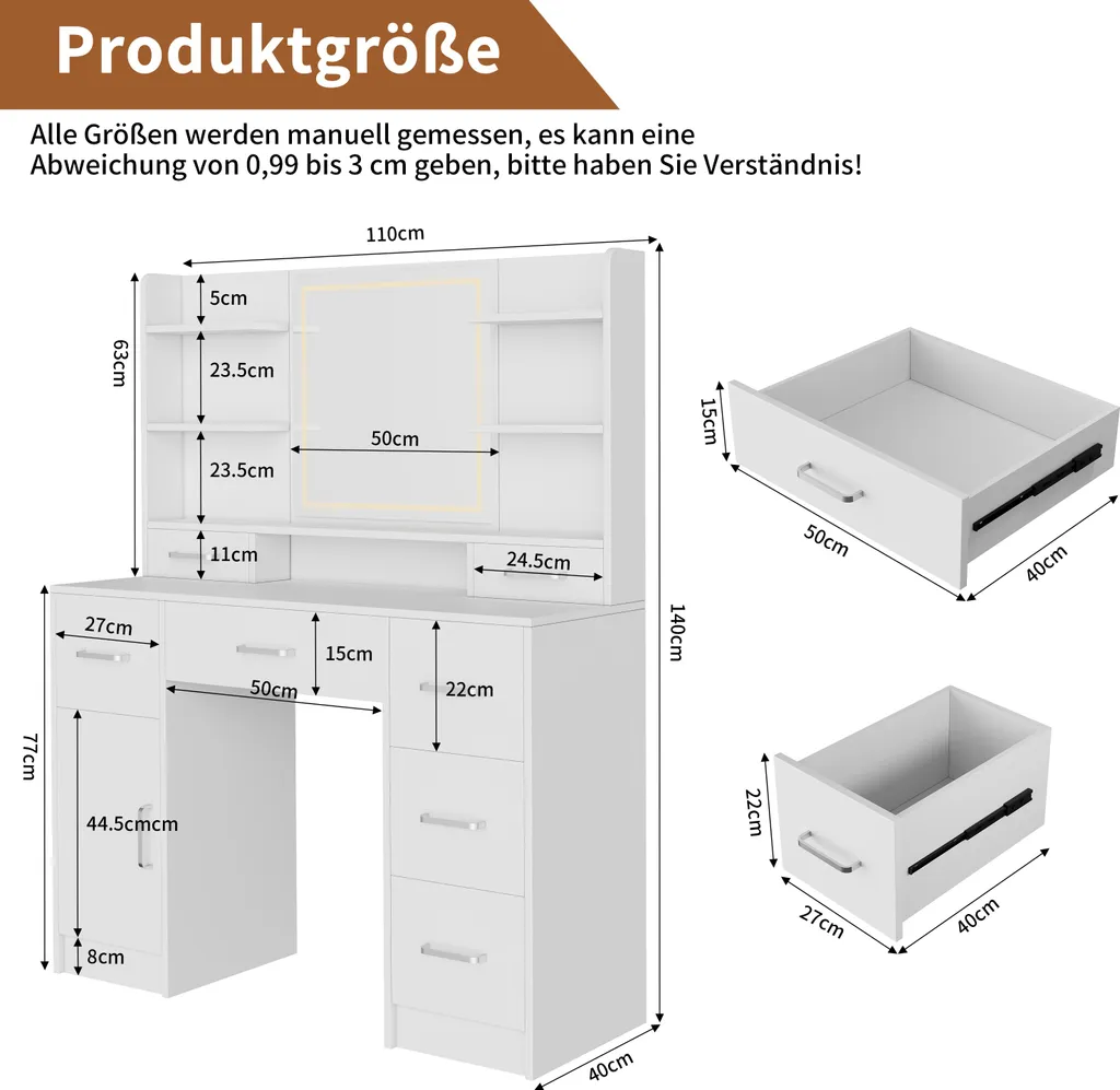 Coiffeuse Blanche pour Chambre avec Prises Intégrées et Miroir LED 3 Tons - 2