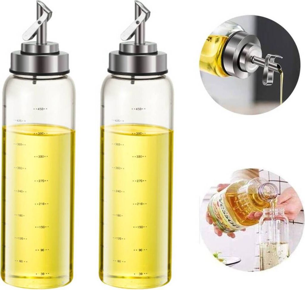 500ml Essig und Ölflasche, Ölspender aus Edelstahl und Glas Olivenöl Flasche Behälter für BBQ, Kochen, Grillen, Pasta, Auslaufsicher, 2 Stück