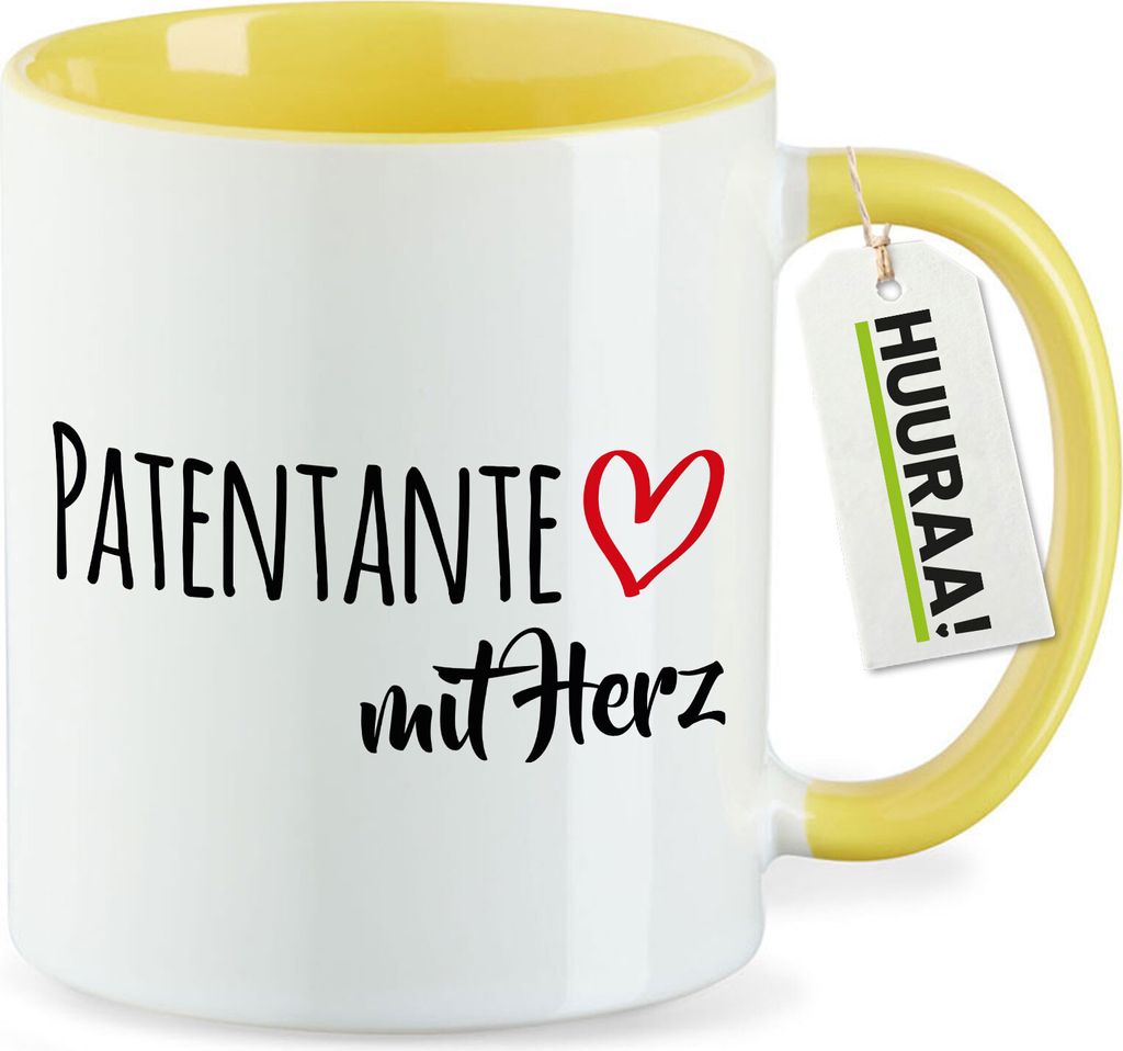 Huuraa Kaffeetasse Patentante mit Herz 330ml Gelb Keramik Kaffeebecher Geschenkidee