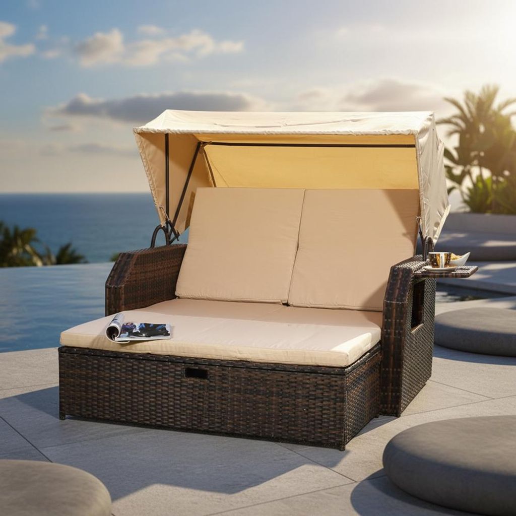 Strandkorb Sonnenbett Polyrattan Braun mit Dach & Kissen Produktbild 