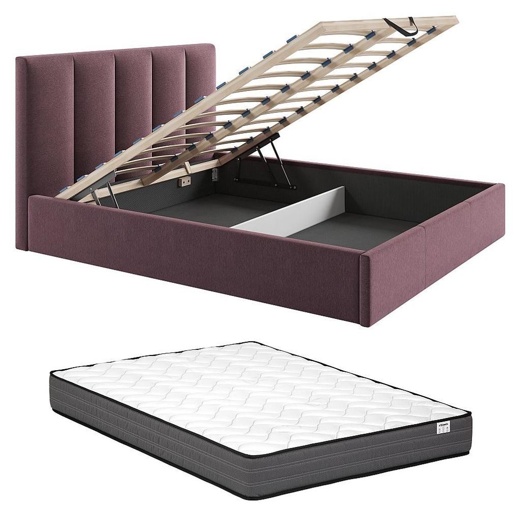 Bett mit Bettkasten 180 x 200 cm mit Kopfteil mit vertikalen Nähten – Stoff – Bordeauxrot + Matratze – KILACLO