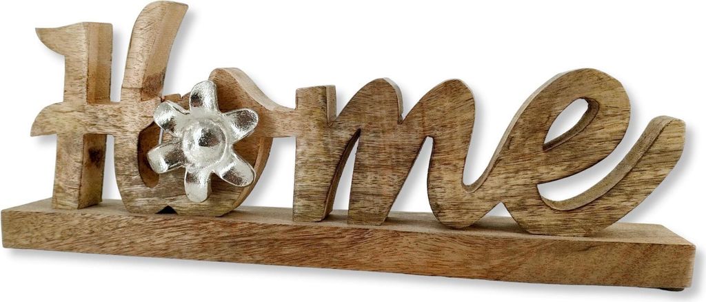Holz und Metall Schriftzug Home 36 x 13cm mit Blume auf Sockel Tisch-Deko Wohndekoration