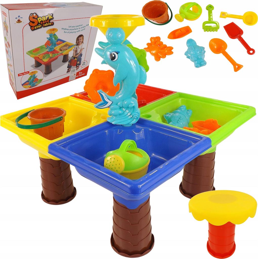 Sand- und Wassertisch „Delfin“ mit Mühle, Schaufel, Rechen, Formen, 25-teilig, 9829