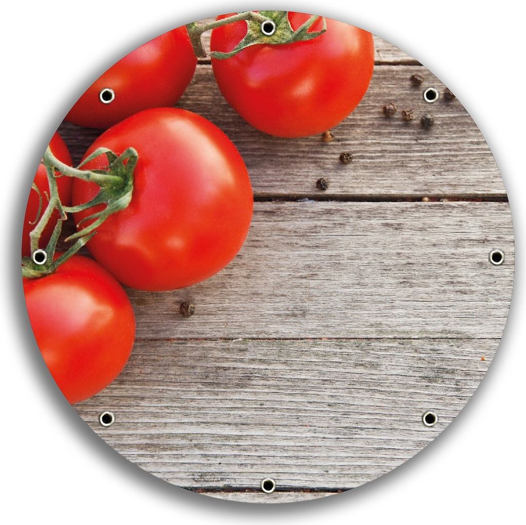 Wallario rundes Outdoor-Poster für Garten oder Balkon, Motiv Tomaten und Gewürze auf altem Holztisch, 30 cm Durchmesser