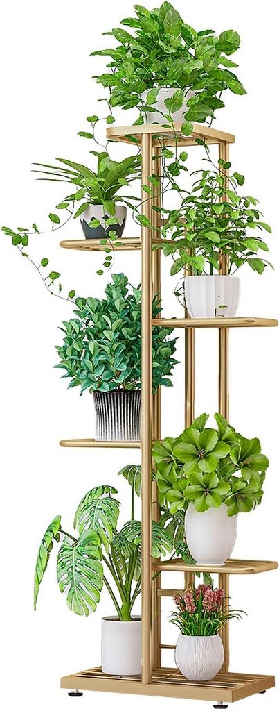 A multi-tiered wooden plant stand filled with various potted plants.