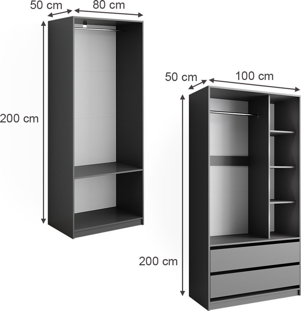 Vicco Kleiderschrank Elmo, 100 x 200 cm 2er Set, Anthrazit Produktbild 3