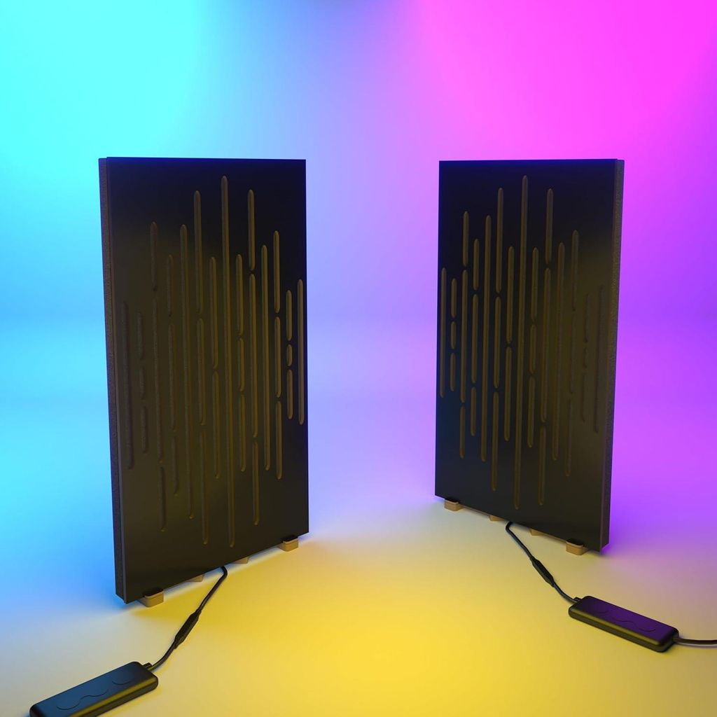 2er-Pack schmale Akustikplatten "WAVE-mini" mit RGB-Schreibtischlampe | Mobiler Ständer mit LED-Tischfuß | 25 x 50 cm |Schwarz