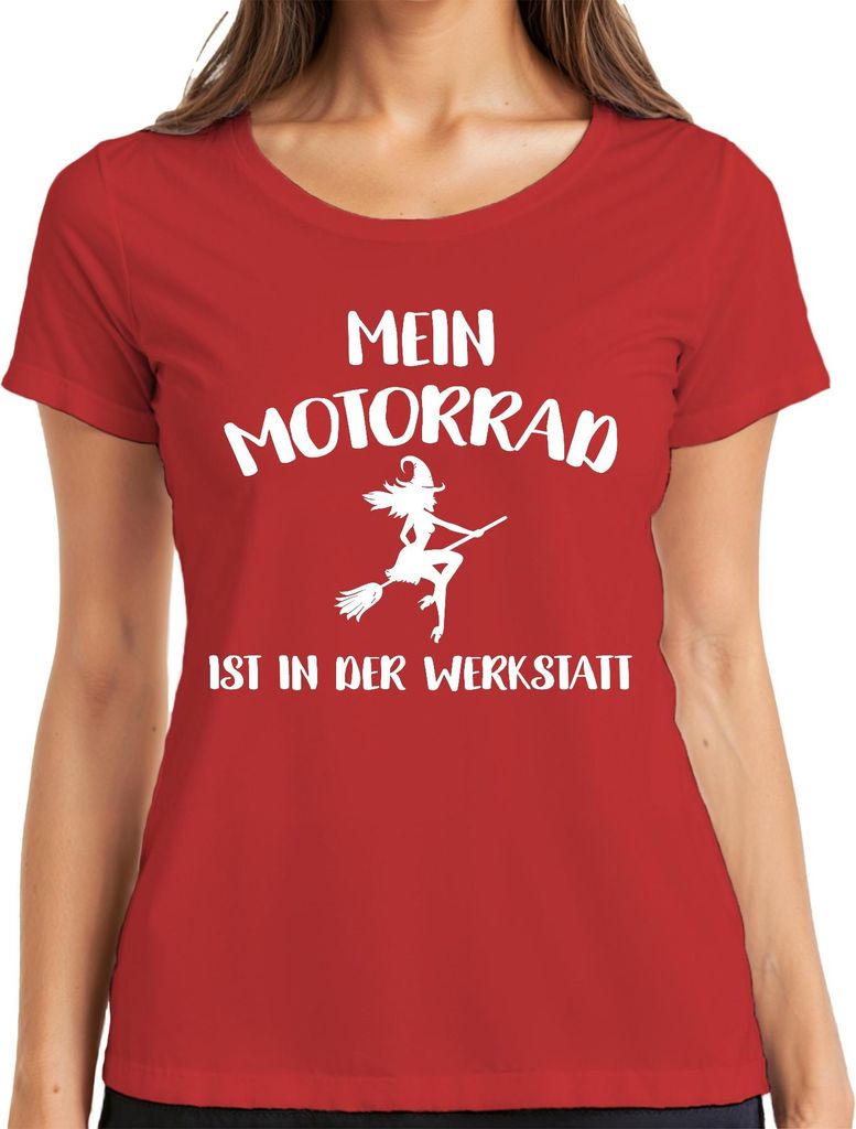 Mein Motorrad in der Werkstatt Hexe Besen Bikerin Lustig Geschenk Damen T-Shirt, Rot, XXL