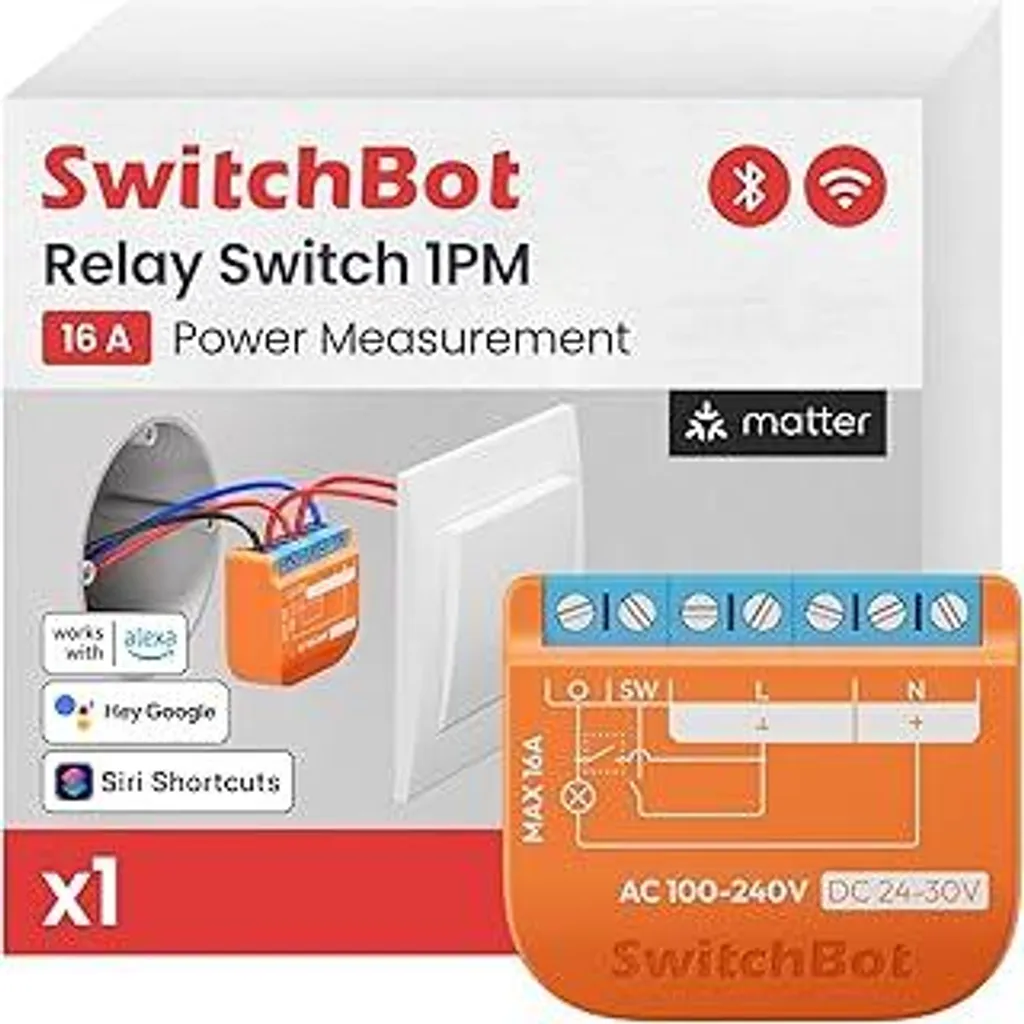 SwitchBot Matter Relè Interruttore 1PM, interruttore Wi-Fi compatibile con Alexa/Apple Home/Google Home, modulo di commutazione relè con misuratore di potenza e ripetitore Bluetooth integrato, Bluetooth e Wi-Fi 2,4 GHz, 16 A