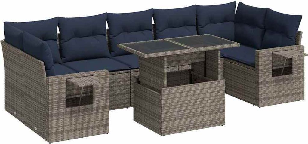 8-tlg. Garten-Sofagarnitur mit Kissen Grau Poly Rattan