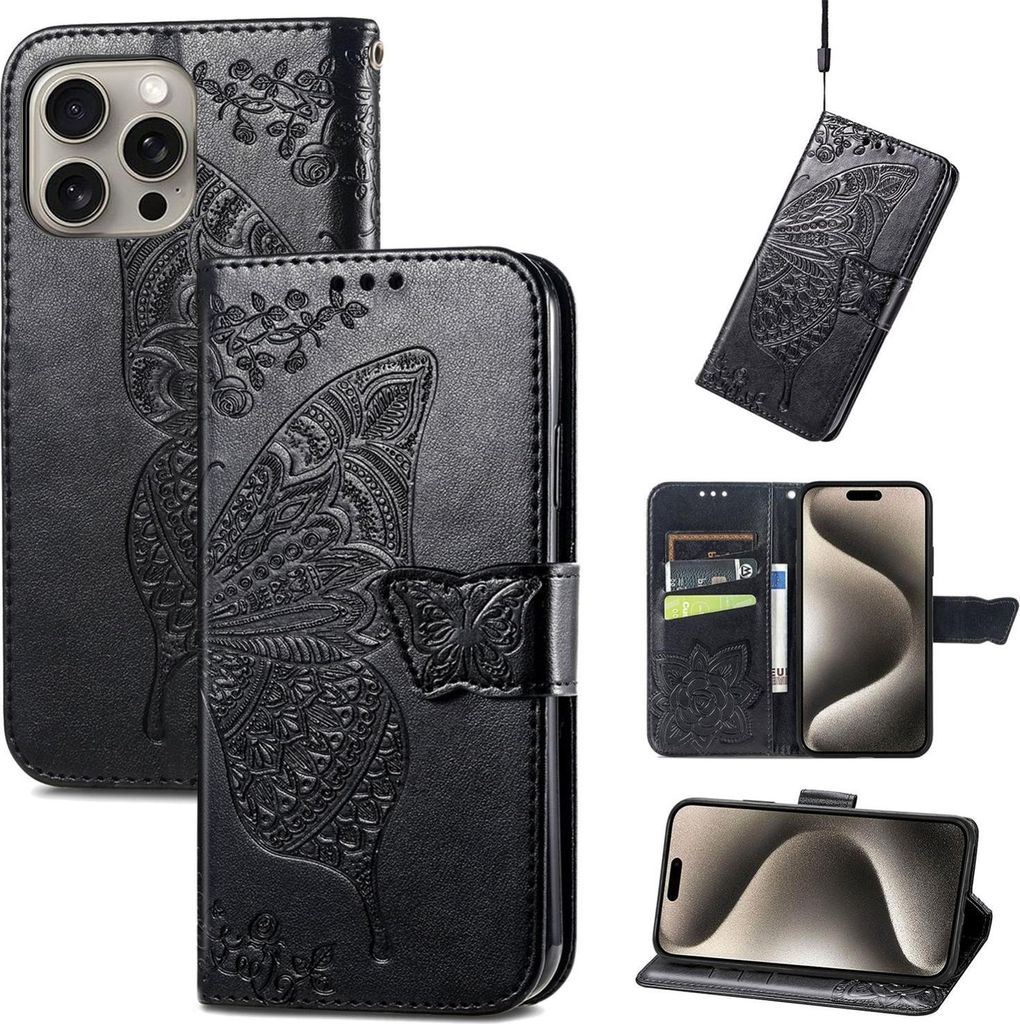 Für Apple iPhone 16 Pro Max Kunstleder Wallet Handy Tasche Schmetterling Design Hülle Etuis Schwarz