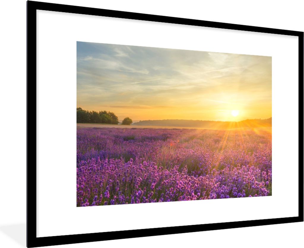 MuchoWow Gerahmtes Poster Lavendel - Sonnenuntergang - Bäume - Lila 90x60 cm - Poster mit Schwarzem Bilderrahmen Wandposter Rahmen Foto Bilder -...