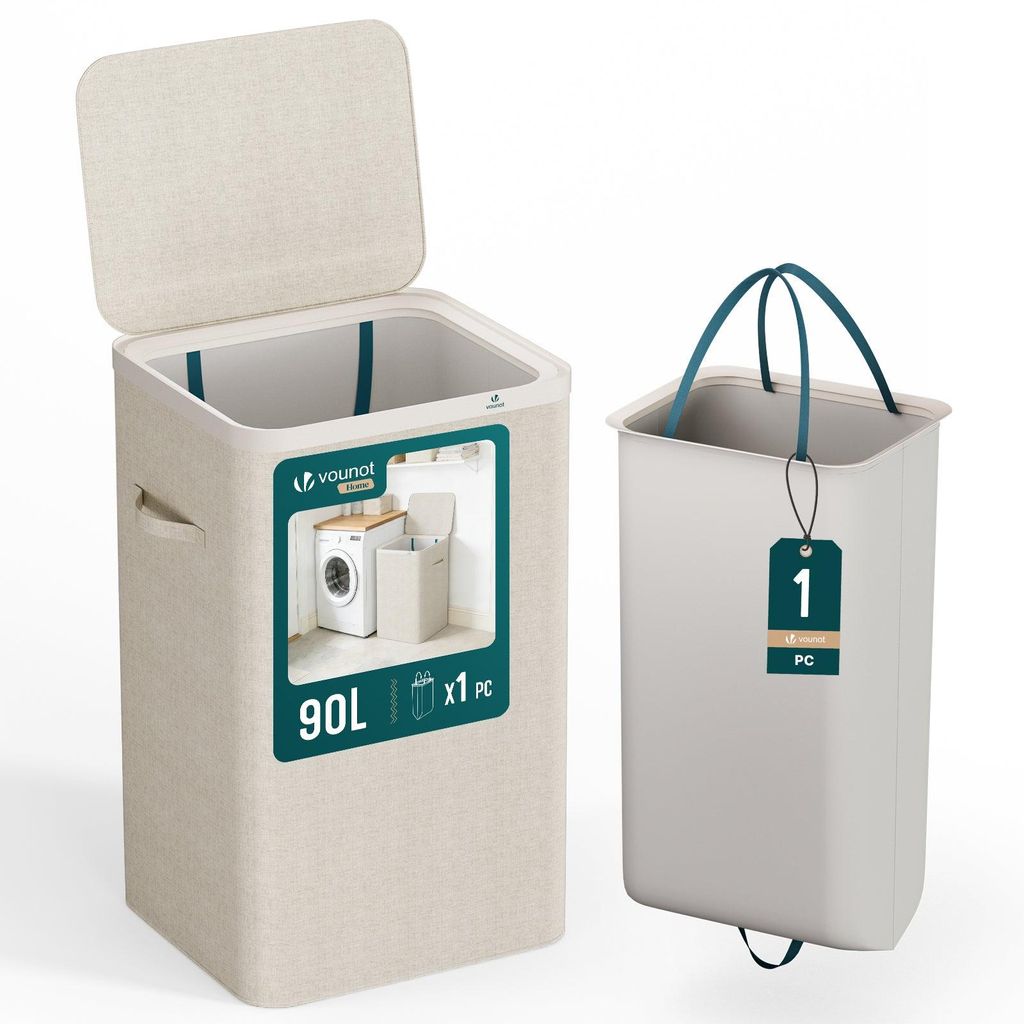 VOUNOT Wäschekorb 90L, Wäschesammler mit Deckel Beige