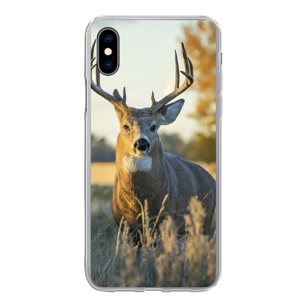 MuchoWow Handyhülle Schutzhülle Hülle für iPhone Xs Hirsche - Gras - Herbst - Geweih - Natur - Tiere Silikon Softcase Handy Hülle - Handytasche