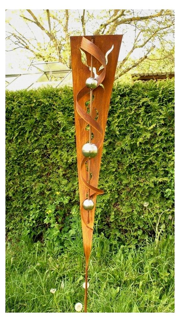 Gartenstecker „Andrea“ aus Rost, 200 cm mit 3 Edelstahlkugeln, handgefertigter Gartenstab, Geschenkidee.