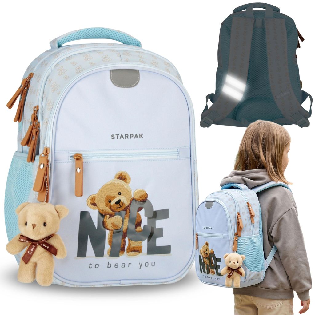 Bär verstärkter Schulrucksack, Schulranzen für Mädchen, mit Reflektoren, vier Fächern und Schlüsselanhänger, 24 l