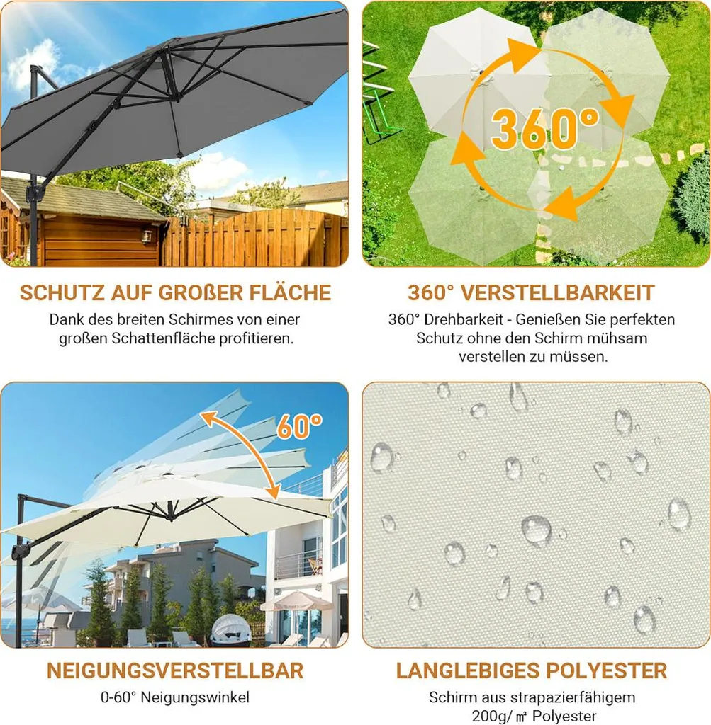 Parasol orientable 3x3m UV50+ Izrielar : inclinaison et rotation 360° - 3