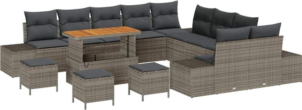 vidaXL Gartensofa-set mit Kissen mit Speicher 14 pcs Grau Poly Rattan