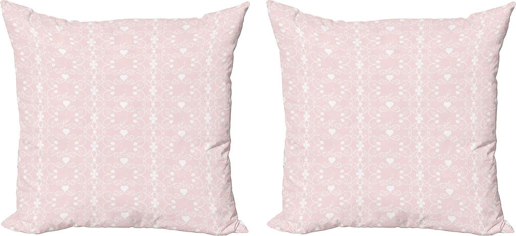 ABAKUHAUS Pink und Weiß Kissenbezug Set (2Stück), Viktorianisches Art-Girly weibliches Muster mit gelockten Blatt-Herzen und Blumen, 50 x 50 cm, ...