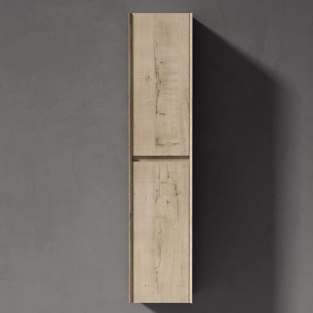 A tall, narrow cabinet with a wood grain finish is mounted on a gray wall, casting a shadow.