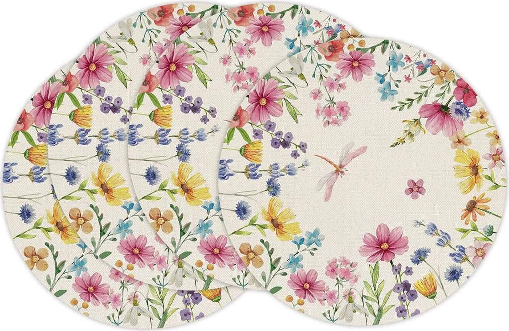 Blumen Frühling Platzsets 4er Set rund Platzsets ,Gänseblümchen Libelle Tischsets Waschbar Platzdeckchen Dekoration Küche, Restaurant, Bauernha...