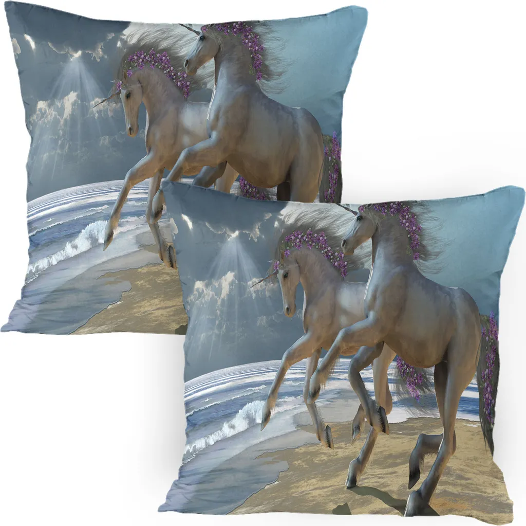 Federe Decorative ABAKUHAUS 80x80 Cavalli e Fiori Viola - 2 Pezzi