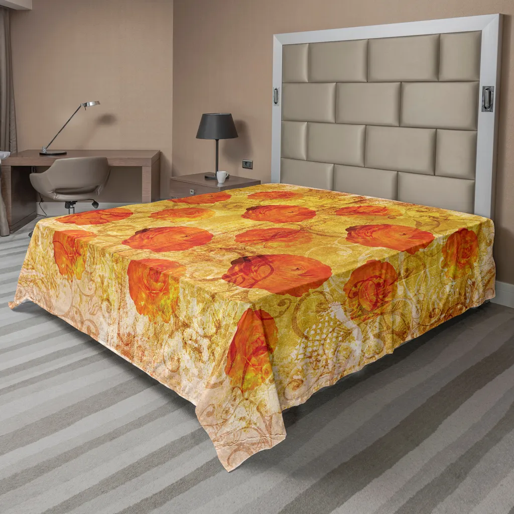 Drap plat décoratif pour lit XXL orange vintage fleurs délavées