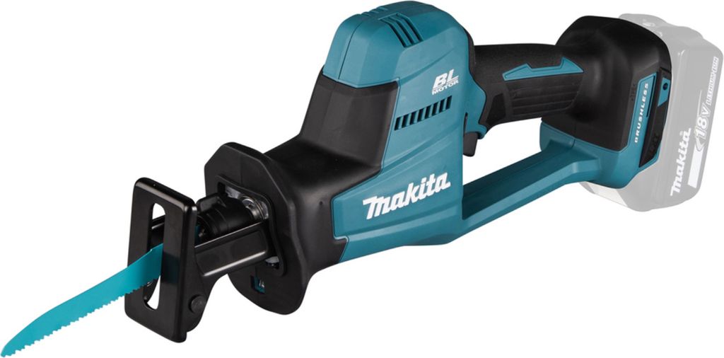 A cordless reciprocating saw with a teal and black body and a teal blade, shown against a white background.