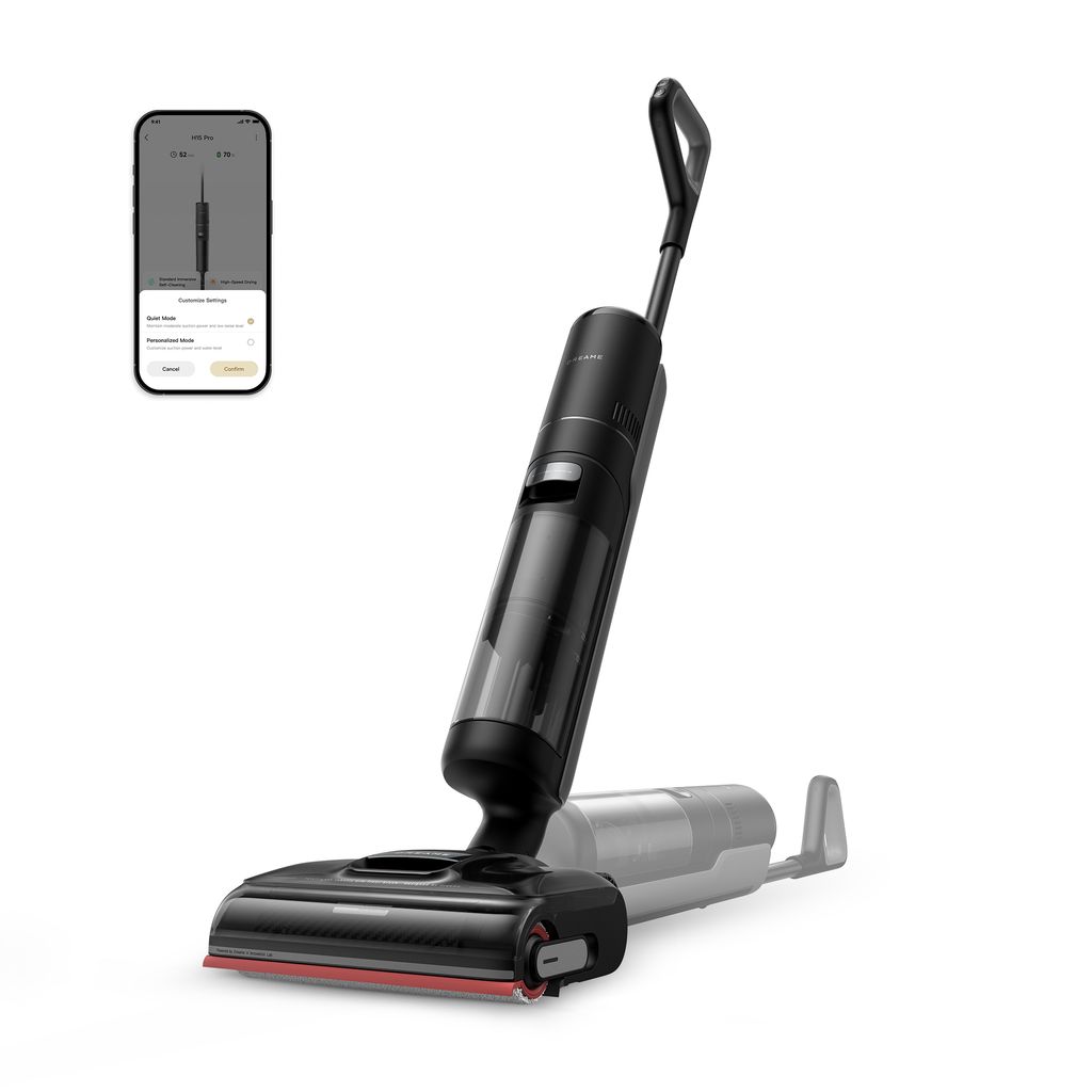 A black and gray wet and dry vacuum cleaner is shown on a white background, with a smartphone displaying its interface next to it.