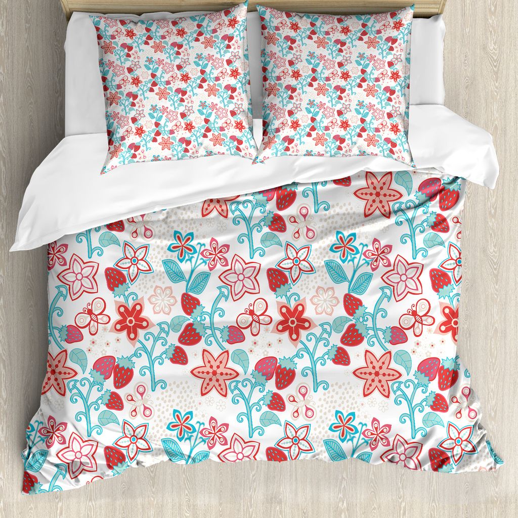 ABAKUHAUS Blumen Bettbezug, Blumen Beeren, Milbensicher Allergiker geeignet mit Kissenbezügen, 200 cm x 200 cm - 80 x 80 cm, Dunkler Coral Aqua
