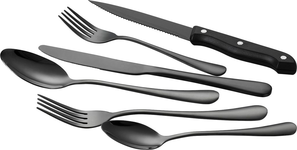 A set of black cutlery, including knives, forks, and spoons, arranged on a white background.