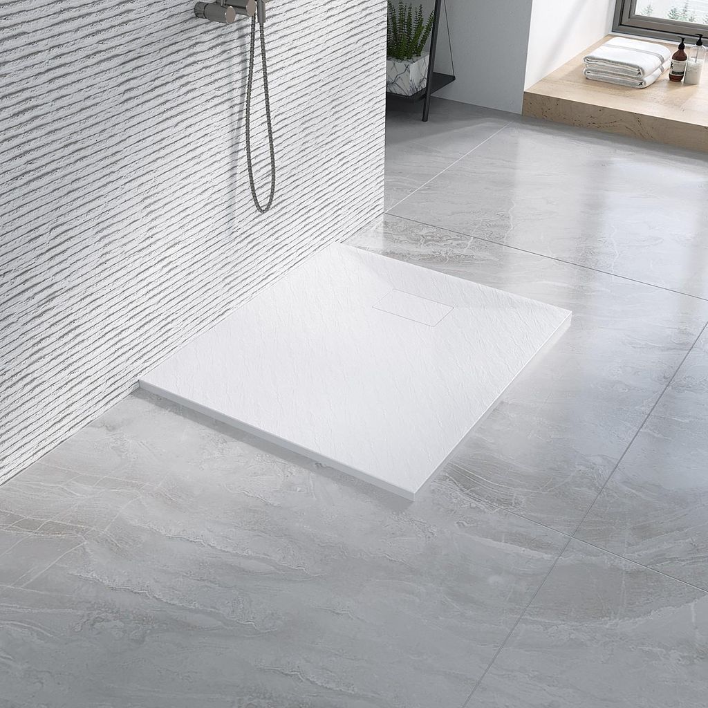 AQUABATOS Duschwanne 90x80 cm – weiße rutschfeste Duschtasse, 2,6 cm hoch, SMC-Glasfaser mit Steinoptik, zuschneidbares Design