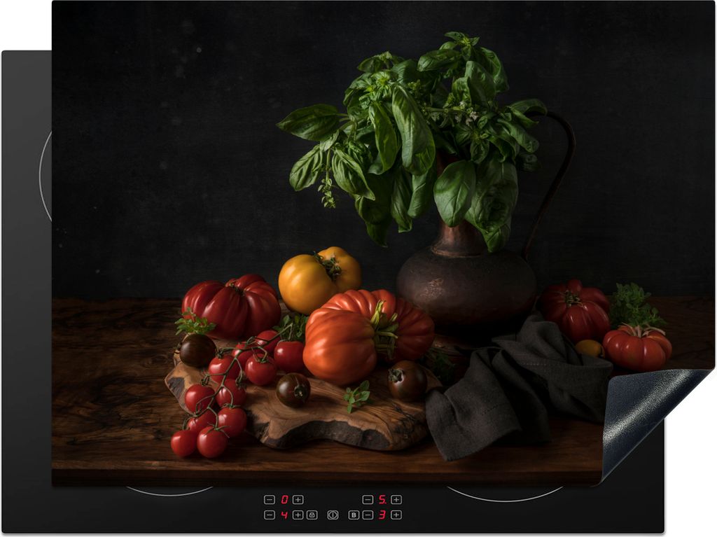KitchenYeah Herdabdeckplatte Stilleben - Tomaten - Basilikum - Gemälde - Gemüse - Schwarz , 70x52cm, Küche Deko, Glaskeramikfeld Herdabdeckung...