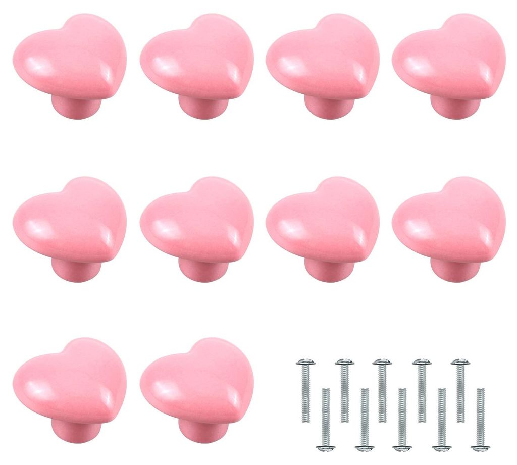 10 herzförmige Möbelknöpfe, rosa Keramik-Schrankgriffe, Schubladengriffe mit Schrauben für Schubladen, Schränke, Küche und Wohnzimmer