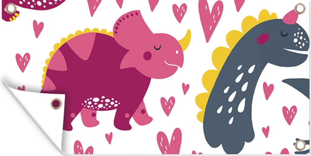 MuchoWow 160x80 cm Outdoor-Poster Gartendeko Sichtschutz Garten Poster für den Garten Dino - Herz - Muster - Rosa - Mädchen - Dinosaurier
