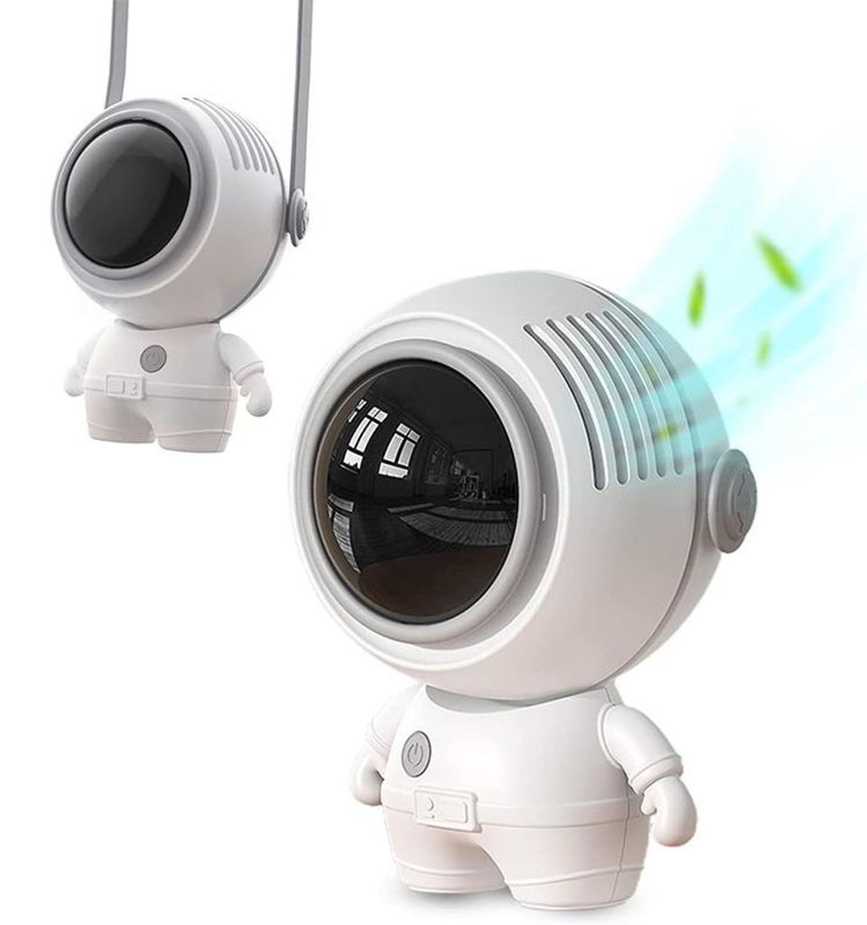 Mini USB Ventilator mit Astronaut Design, Tragbarer Halsventilator Wiederaufladbar mit 3 Stufen für Outdoor & Büro Weiß