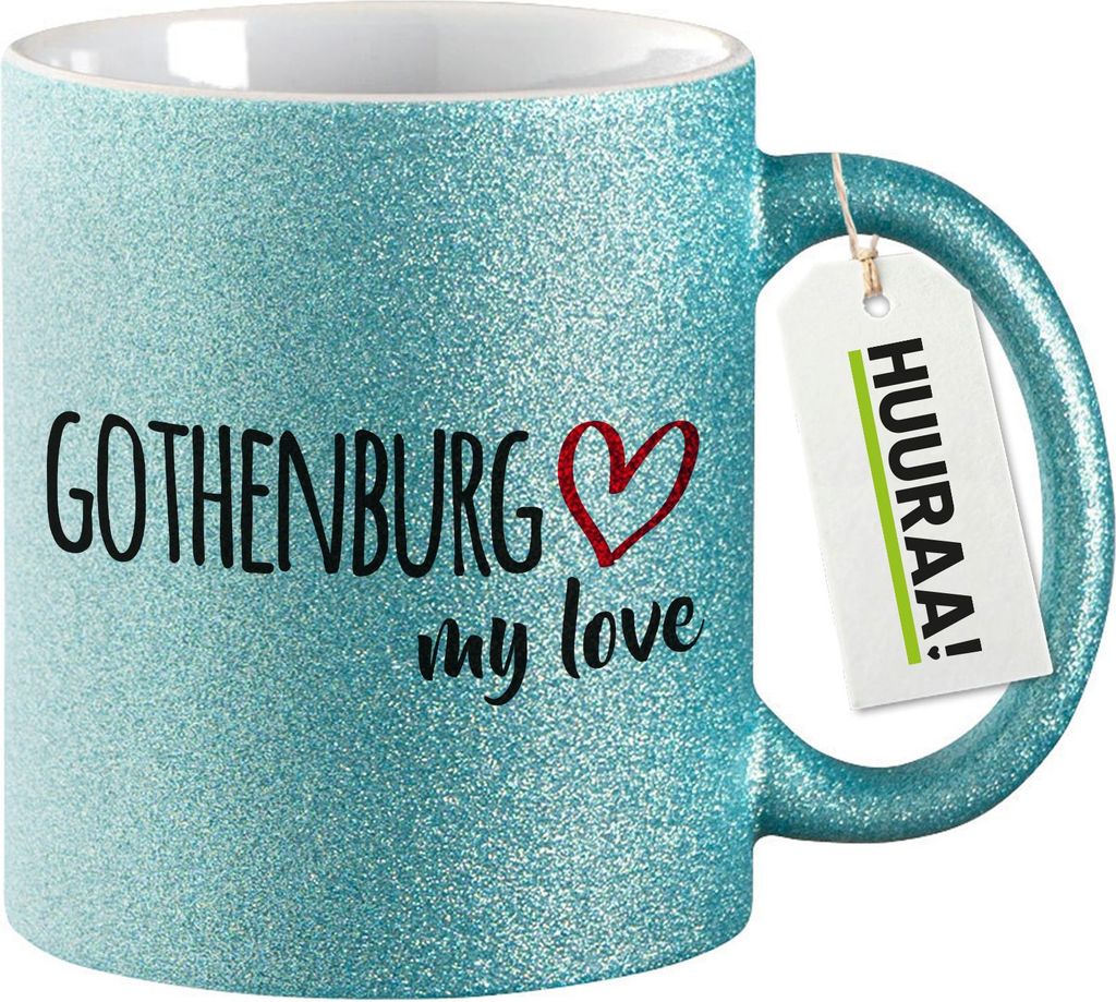 Huuraa Glitzertasse Gothenburg my love 330ml Blau Keramik Kaffeebecher Geschenkidee