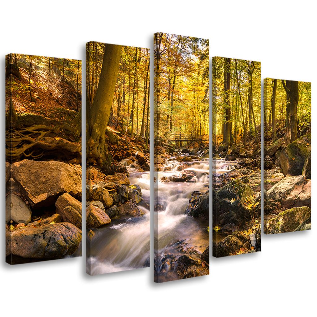 5-teiliges leinwandbild herbst bach berg wald 200x100 cm Feeby orange wandbild bereit zum aufhängen