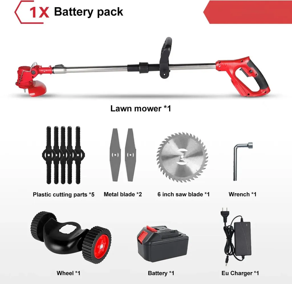 Tagliabordi a Batteria 1500W Rosso - Potenza 21V Pieghevole per Giardino