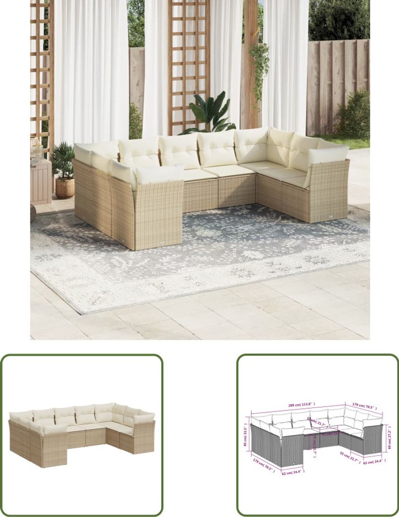 The Living Store 9-tlg. Garten-Sofagarnitur mit Kissen Beige Poly Rattan