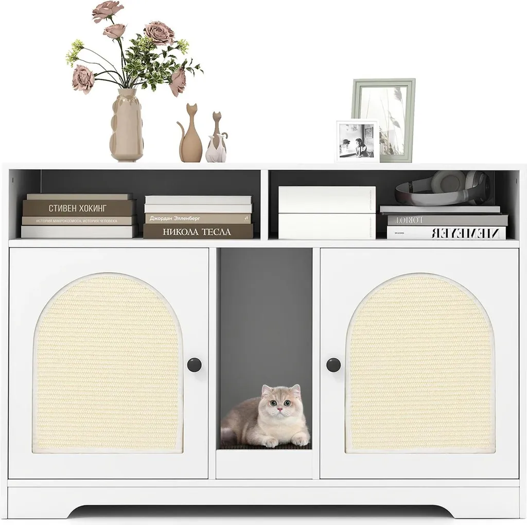 Meuble litière chat anti-odeur et anti-projection avec 2 tapis sisal