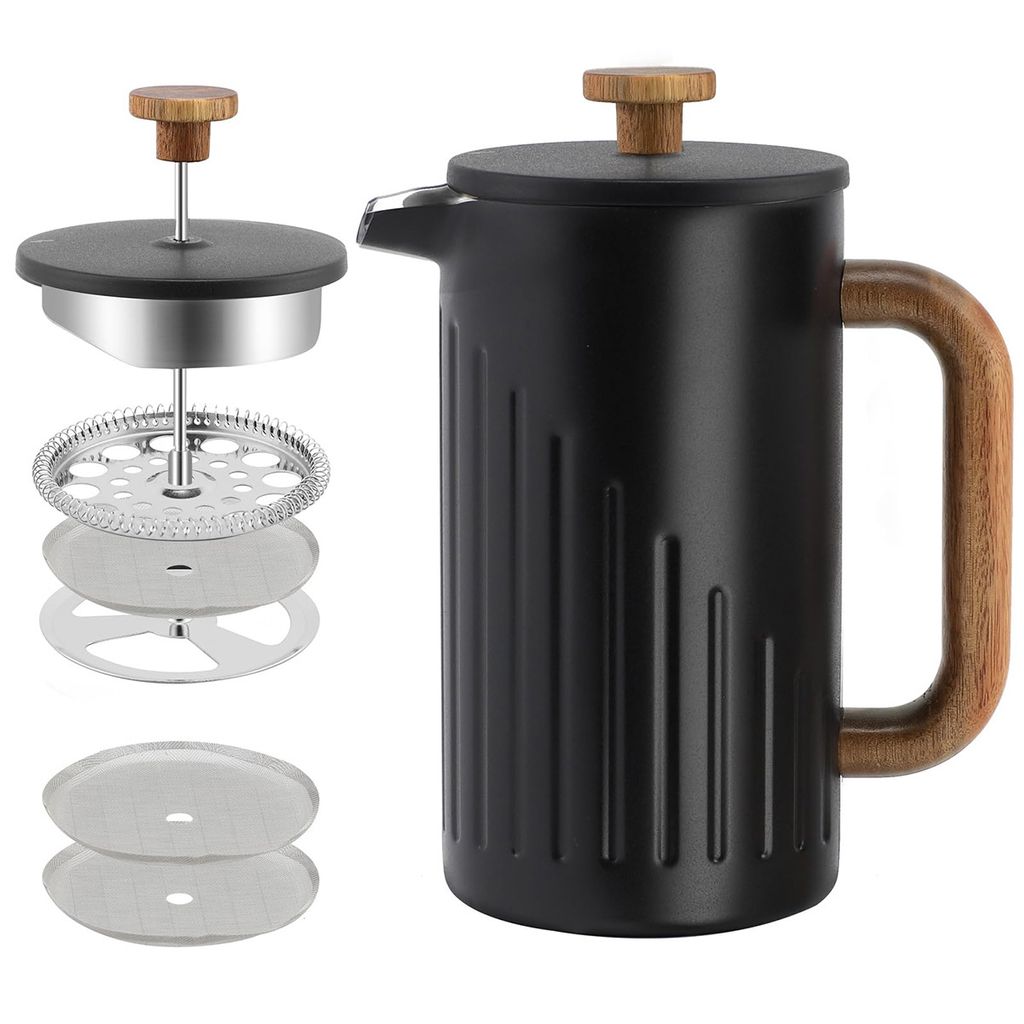 French Press Kaffeebereiter 1000ml – Doppelwandiger Edelstahl mit Akazienholzgriff, Teebereiter & Milchaufschäumer