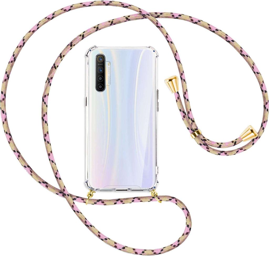 Handykette Backcover-Schutzhülle mit Band (Metall goldfarben) für Realme XT / XT 730G / X2 - rosa Karo