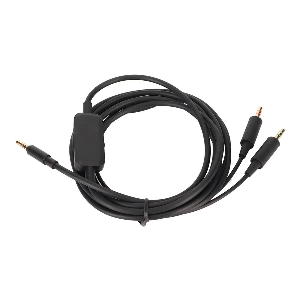 A black audio cable with a volume control and multiple connectors, coiled on a white background.