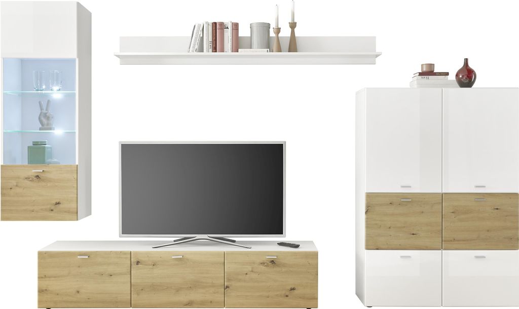 Anbauwand 4-tlg inkl. LED-Beleuchtung SARI-2 von HBZ Weiß / Artisan Eiche
