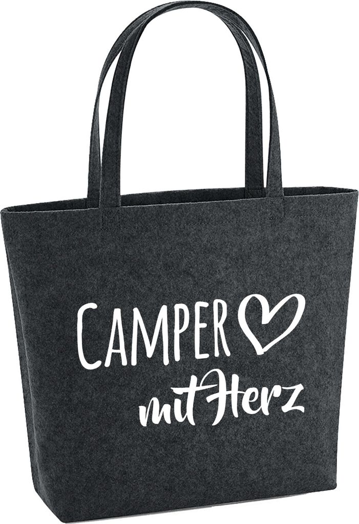 Huuraa Filz Shopper Camper mit Herz Geschenk 22 Liter Charcoal Melange Filztasche Camper Geschenkidee